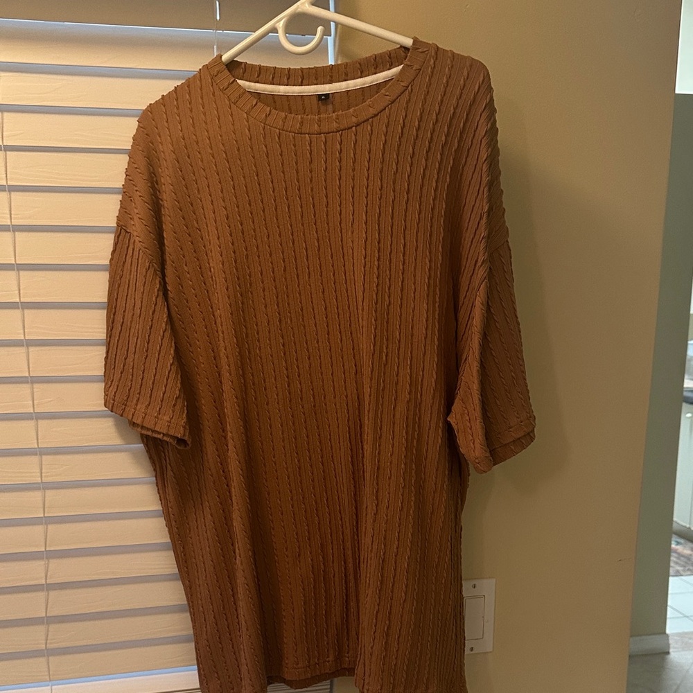 Men's Tan Ribbed Short Sleeve Shirt and shorts set.